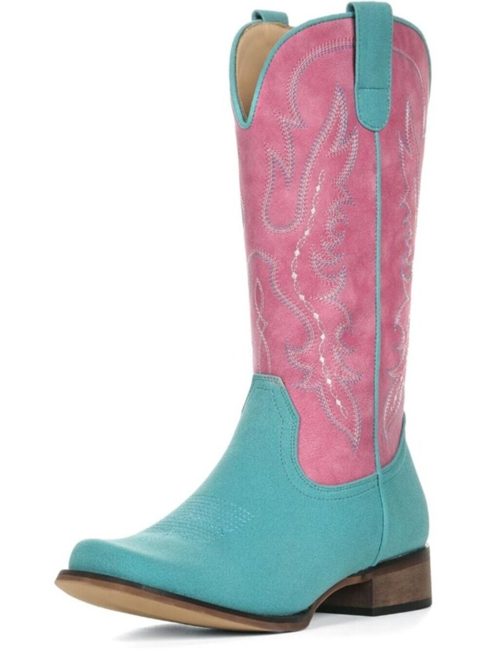 Women's Watermelon Western Square Toe Mid Calf Embroidered Chunky Heel Boots